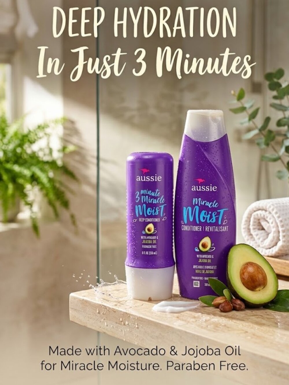 Aussie Miracle Moist 3 Minute Deep Conditioner Avocado 8 oz + Conditioner 12 oz